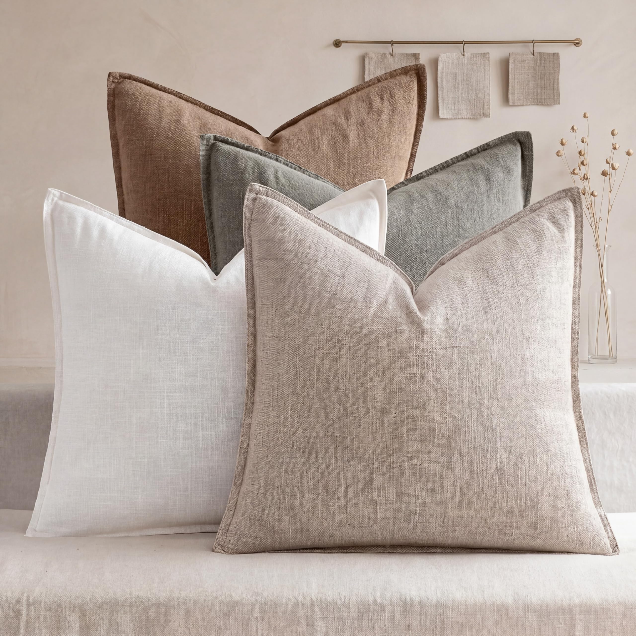 4 Pack 20x20 Inch Linen Pillow Covers Decorative Neutral Linen Throw Pillows Cases, Soft Rustic Cushions Boho Farmhouse Pillowcases for Bed Sofa Living Room Spring Decor(Beige)