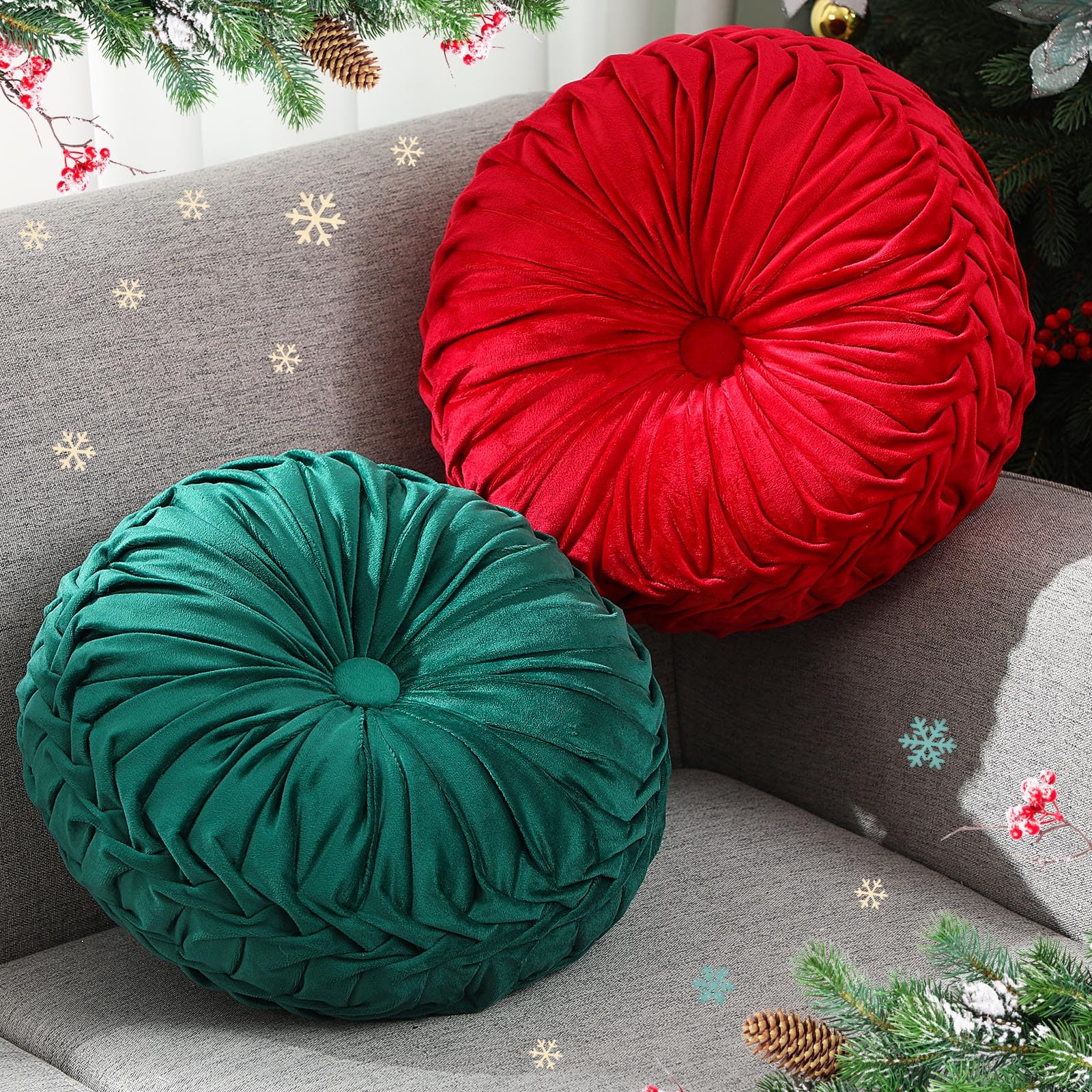 Beeveer 2 Pcs Round Throw Pillows 15 Inch Decorative Velvet Pleated Pumpkin Pillows Boho Floor Pillow with Center Button for Living Room Couch Chair Bed Sofa Home Decoration (Ivory)