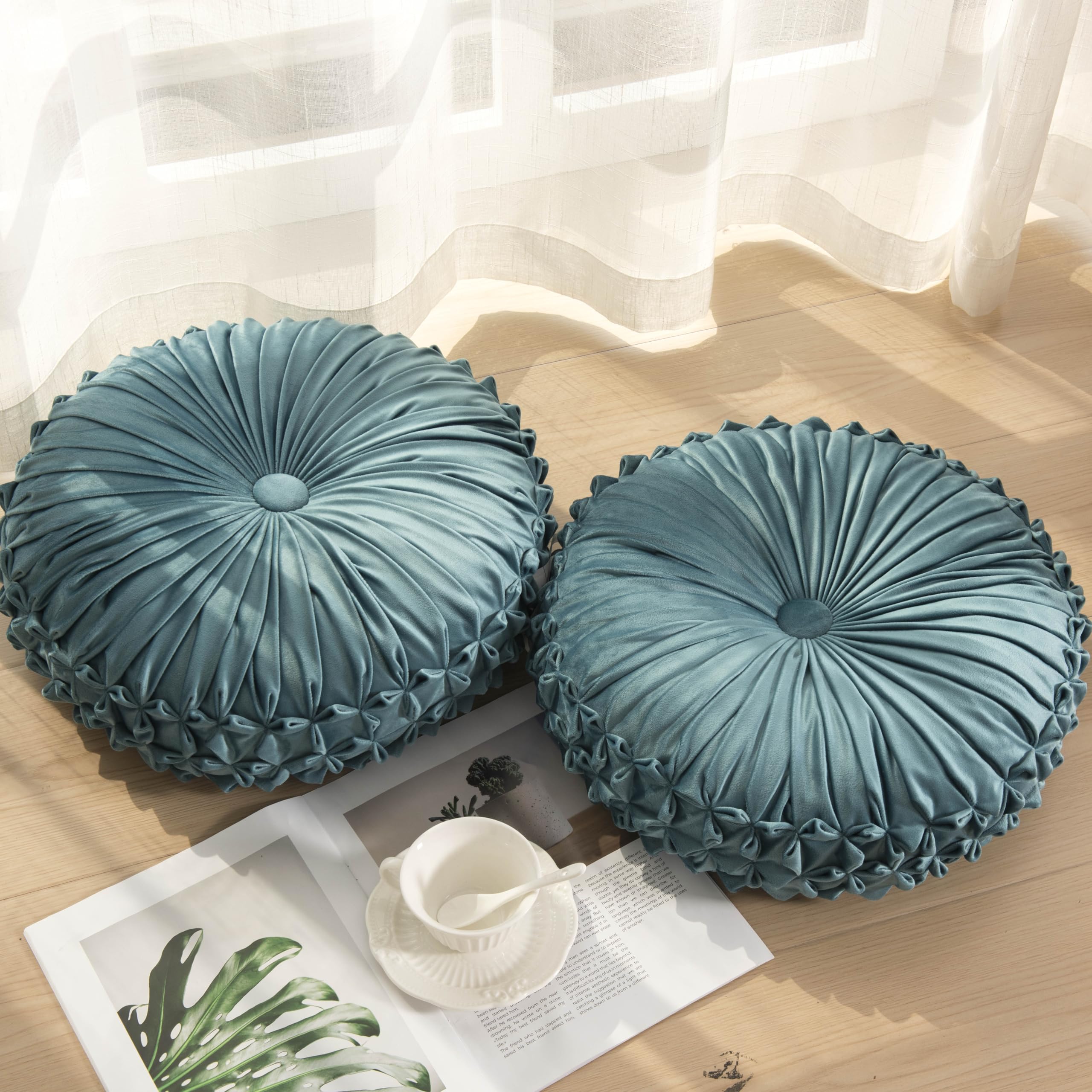Round Throw Pillow Set of 2 – Decorative Velvet Ruched Pumpkin Pillows with Button Center, Soft Handmade Cushions for Couch Sofa Bed Farmhouse Vintage Rustic Decor, 14.5" R, Yellow