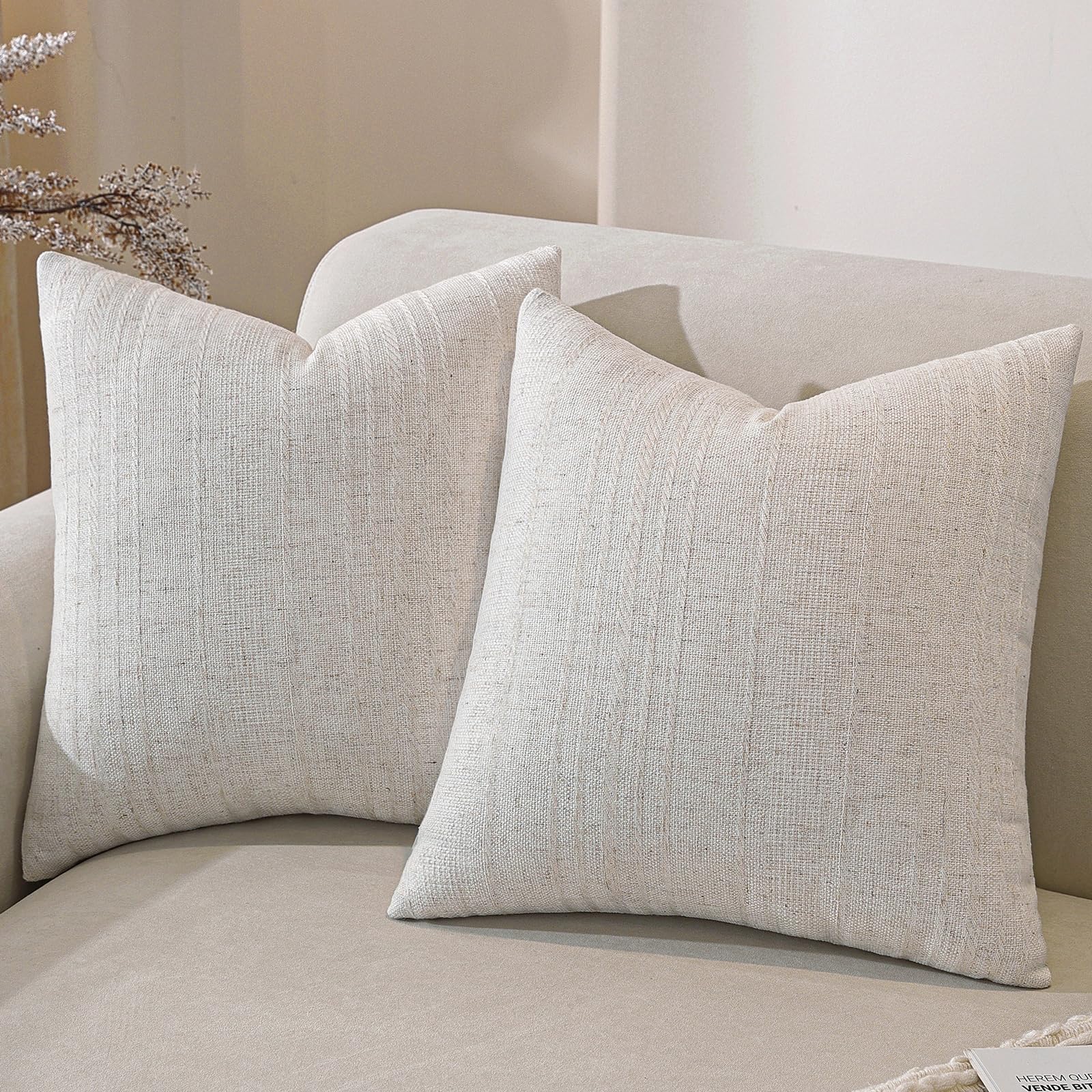 Decorative Neutral Striped Throw Pillow Covers Set of 2-18x18 Inch Boho Farmhouse Pillow Covers, Breathable & Soft Neutral Linen Blend Cushion Covers for Couch Sofa Bedroom Living Room