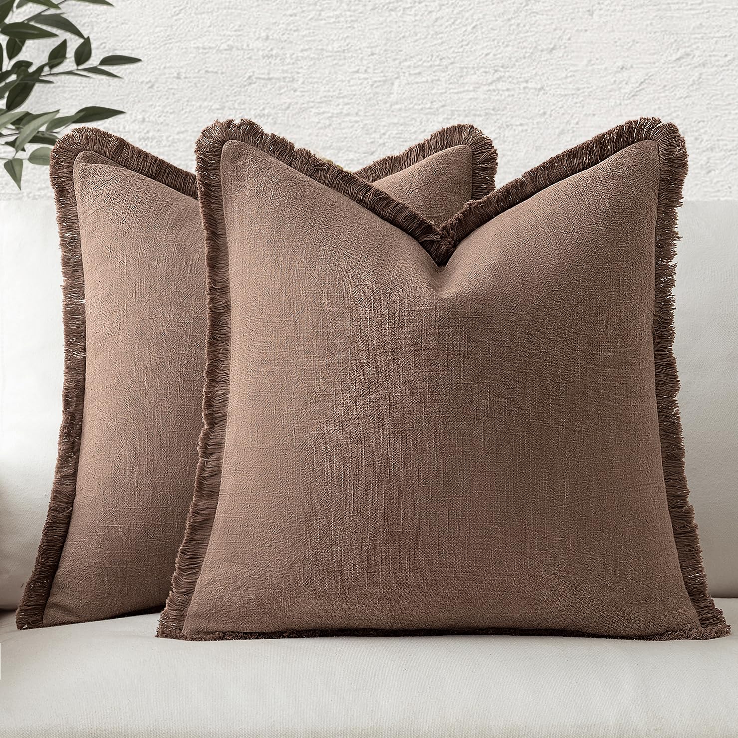 MIULEE Decorative Throw Pillow Covers Neutral Linen Fringe Throw Pillows Set of 2 Natural Beige Boho Farmhouse Cushion Covers with Tassels for Couch Sofa Bed Spring Home Decor 20x20 Inch