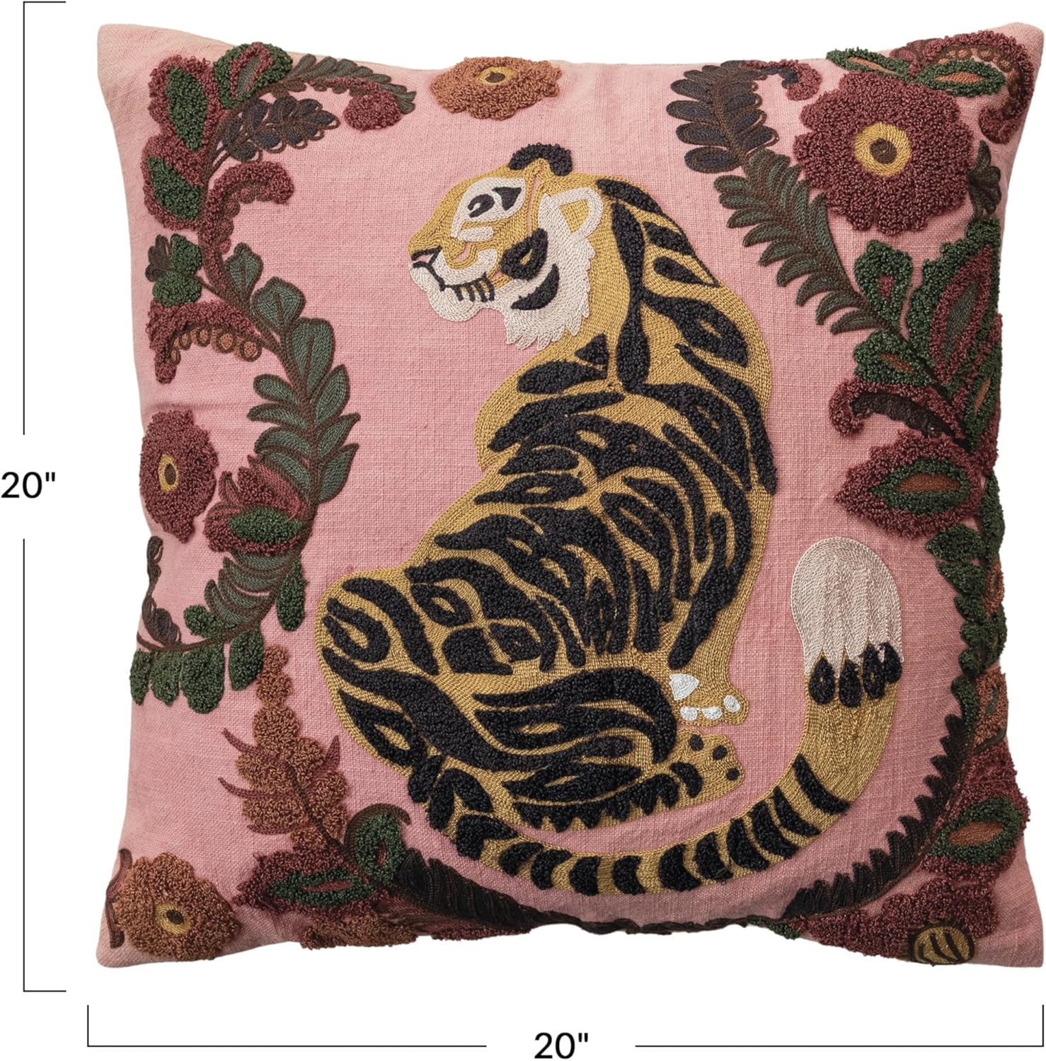 Creative Co-Op Embroidered Tiger and Flowers Cotton Slub Pillow, Multicolor