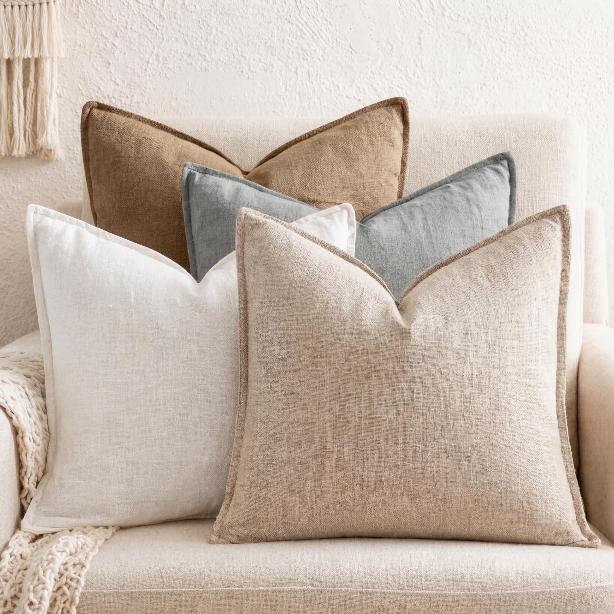 4 Pack 20x20 Inch Linen Pillow Covers Decorative Neutral Linen Throw Pillows Cases, Soft Rustic Cushions Boho Farmhouse Pillowcases for Bed Sofa Living Room Spring Decor(Beige)