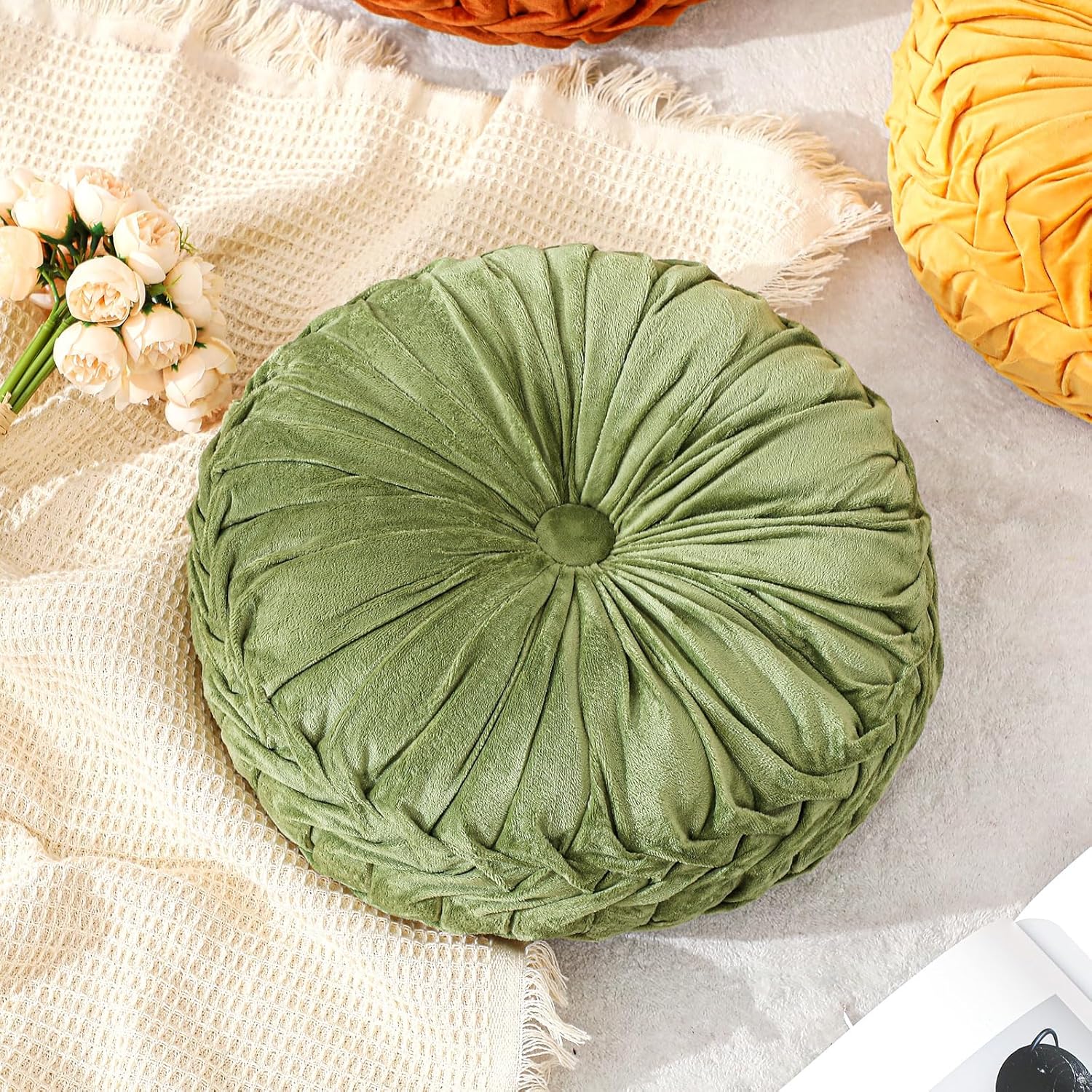 Drydiet 1 Pcs Round Throw Velvet Pillows Decorative Pleated Throw Pillows 15'' Diameter Accent Pumpkin Boho Chair Cushion for Couch Sofa Home Decoration (Olive Green)